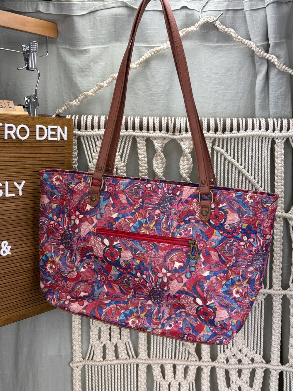 Sakroots Artist Circle Metro Tote with Red & Blue Floral and Paisley Pattern - Picture 2 of 10